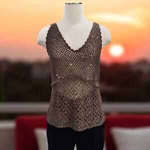 Kroshetta Papillon Brown Crochet Lace Tank Top‎ Boho Festival Sequin NWT Large
